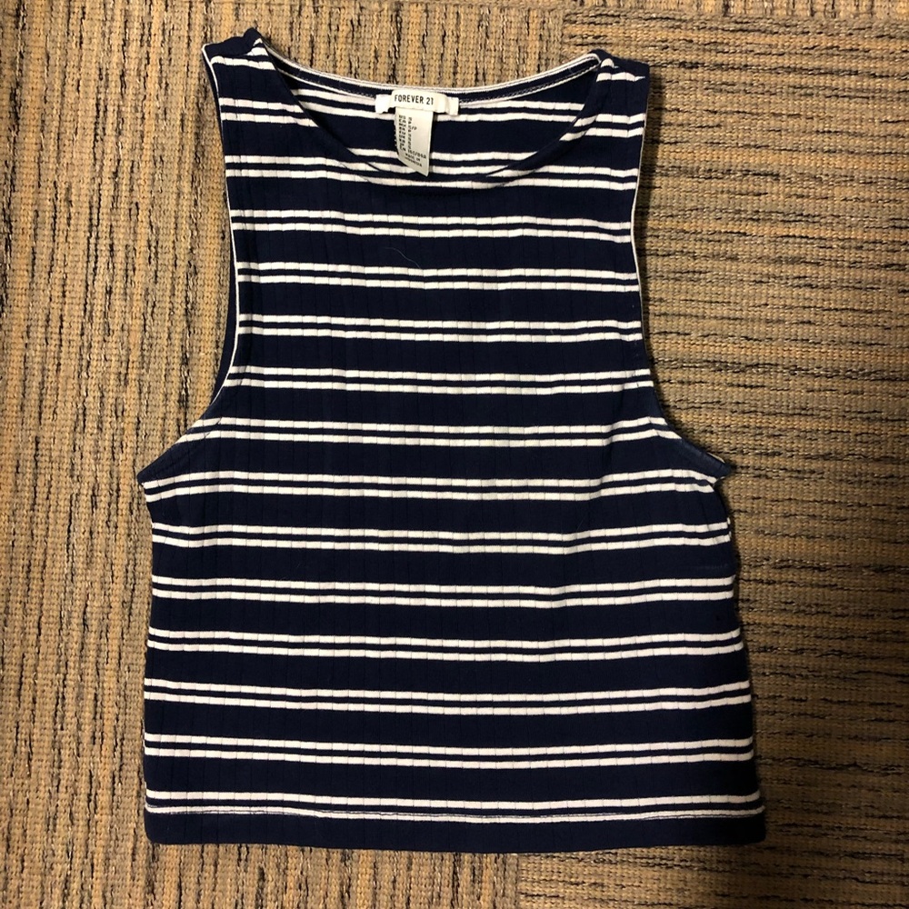 Dark Blue and White Striped Cropped Tank-top